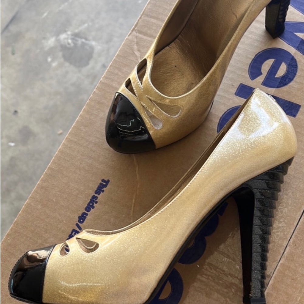 ISO Chanel, black and beige metallic patent round toe heels with cut outs